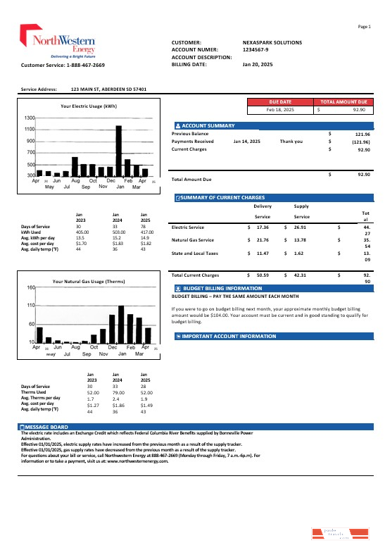 USA NorthWestern Energy business utility bill template in Word and PDF formats, version 1